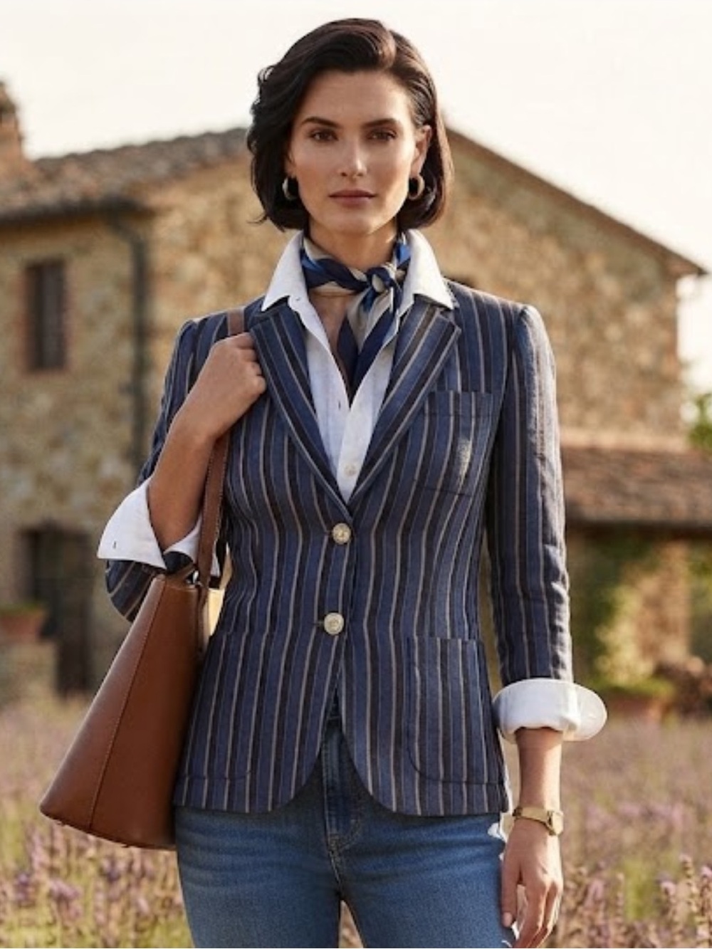 NWT Lauren Ralph Lauren Blue Striped Cotton Linen Blazer